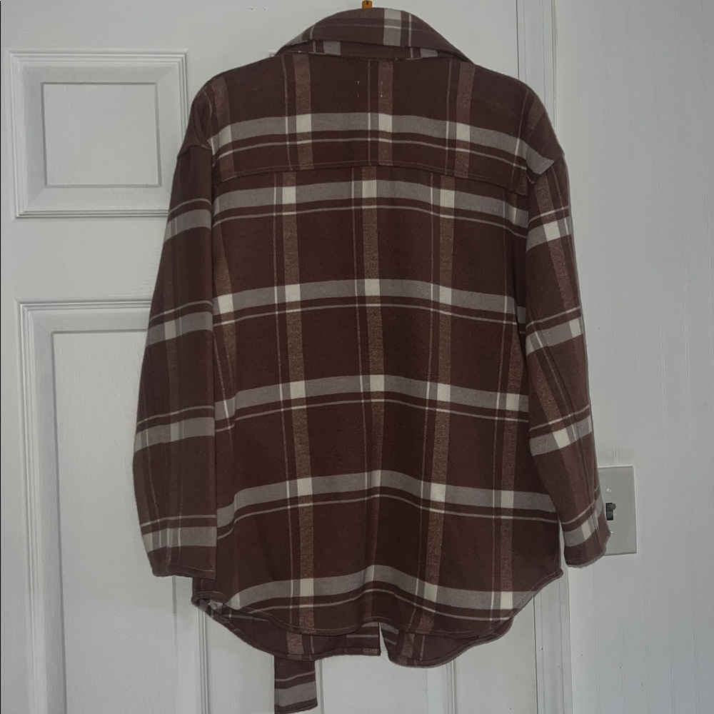 Brown Plaid Button-Up Shacket with Attached Belt - Picture 2 of 2